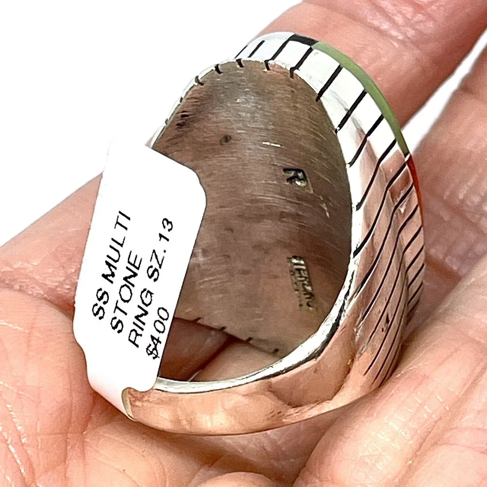 BIG Turquoise Multi Stone Inlay Mens Ring Sz 13 Navajo Sterling Signed Jack 34mm